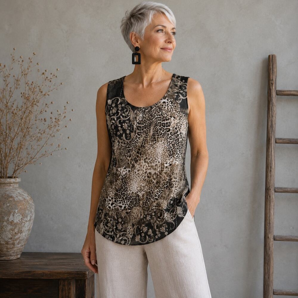 Chicos Brown Animal Print Mesh Knit Tank Tops size 0